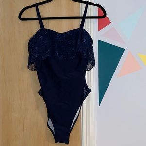 Blue One Piece Bathing Suit with Lace Detail